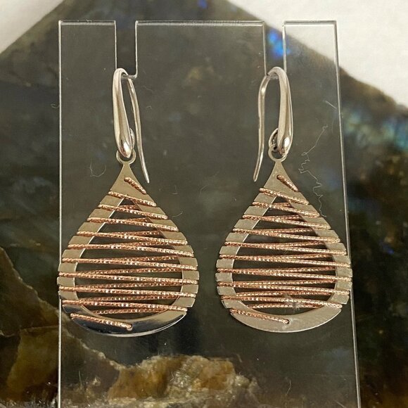 Sterling Silver 925 Italy Modernist Brass Woven Accent Teardrop Dangle Earrings - Picture 12 of 16